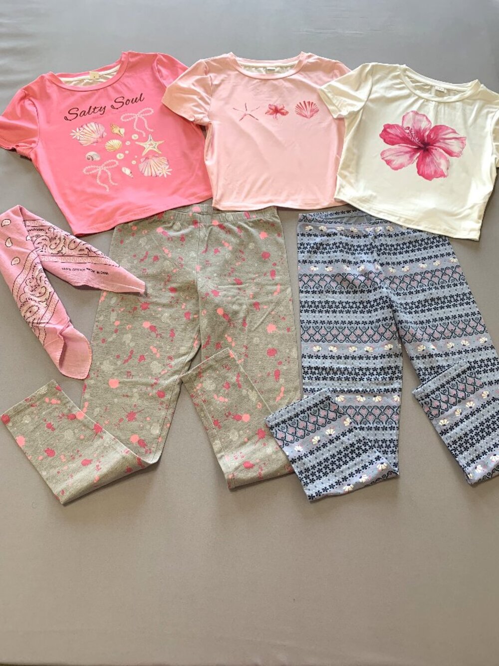 6 Piece Girls Leggings & Shirt Bundle 3 Pink/White Tees Size 13 Leggings Size 14